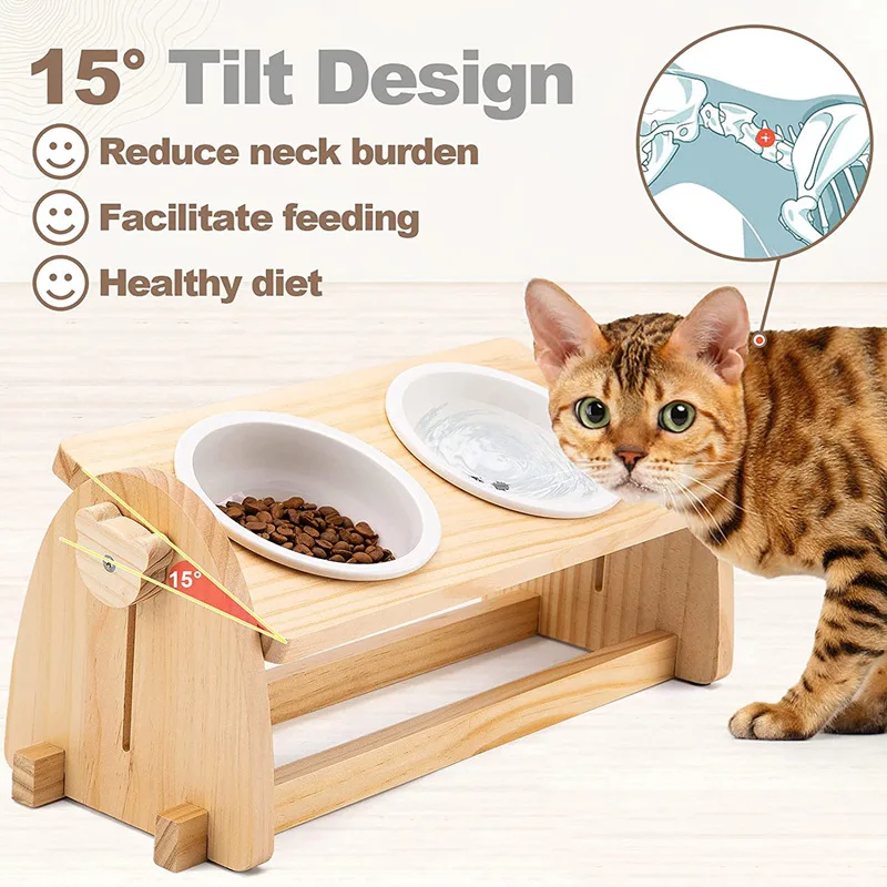OEM custom logo adjustable height wooden stand pet dog cat dual stainless steel food water ceramic bowl