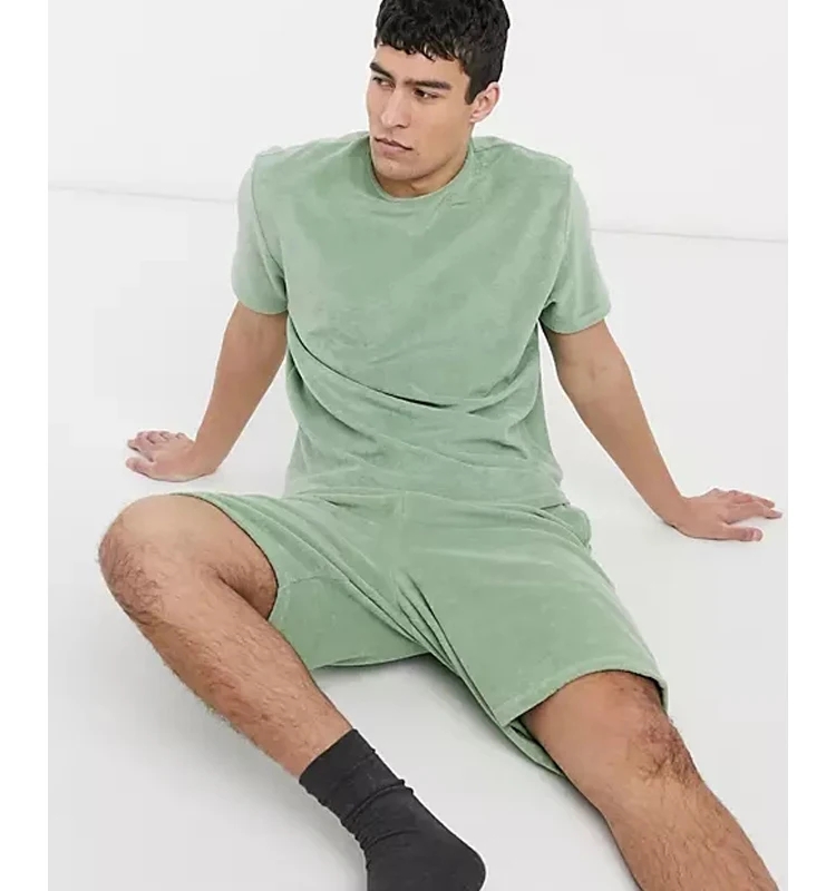 Casual New plain tee shirt and shorts set pajama lougewear drawstring t shirt short sets velvet two piece short set men