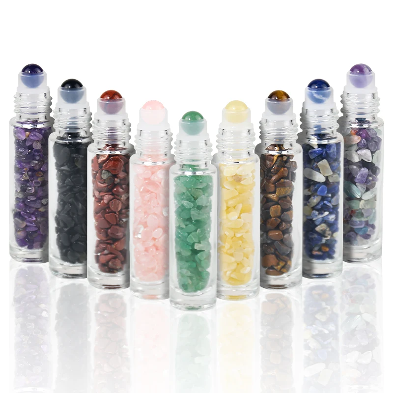Clear Glass Roller Bottles 10ml Gemstone Essential Oil Roller Bottles with Silver Aluminum Cap and Crystal Stone Roller Balls