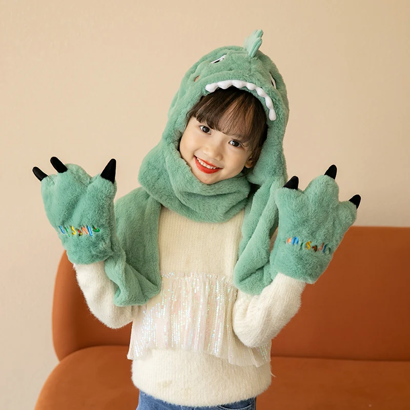 Cute animal thermal children hoodie beanie warm fur hat winter kids hat scarf and gloves set