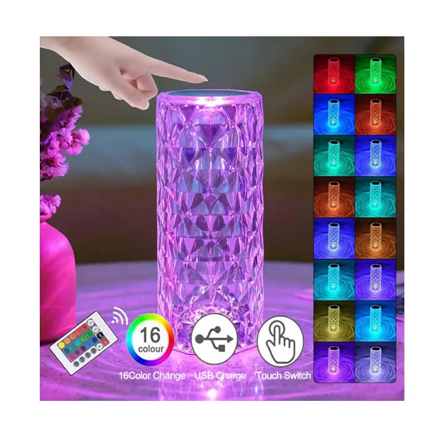 Table Lamp16/3 Colors LED Night Light Rose Light Touch Control Atmosphere lamp RGB Color Changing Crystal Table Lamp for Bedroom