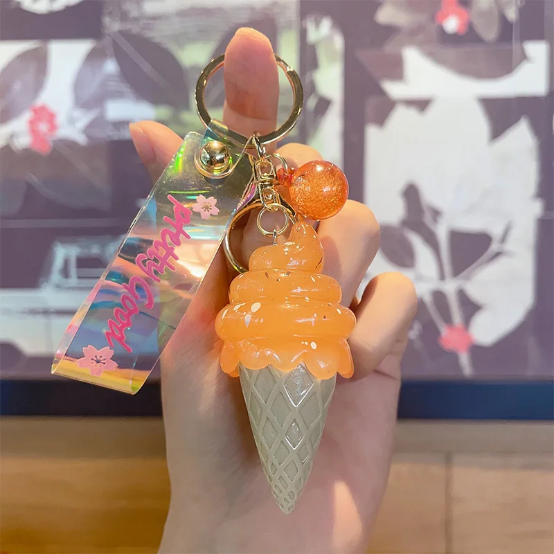 Creative LED 3D Cute Girls Keychain Car Key Ring Accessories Custom Ice Cream kawaii Wristlet Acrylic Cute Keychains