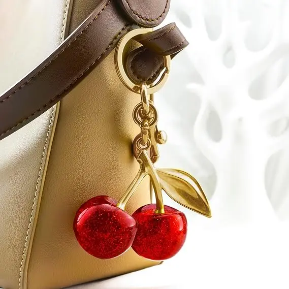 Cute Gold Cherry 3D Plastic Keychain 3D Alloy Carabiner Keyring Bag Charms for Women and Girls