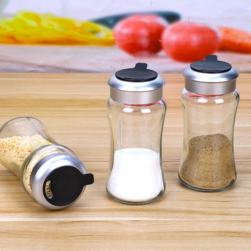 Aeofa glassware Golden Supplier Glass Spice Jar Salt Pepper Dispenser Shaker with Rotating Plastic Lid 3 Kinds of Holes