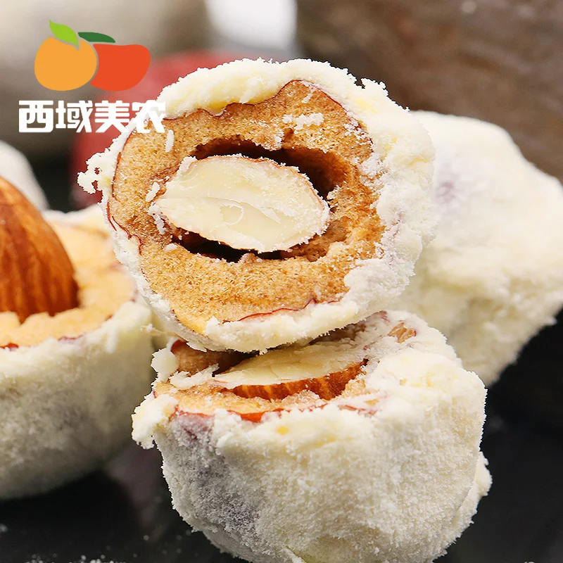 milk dates/cheese coated ruoqiang red dates with almond kernel/dried fruits and nuts snacks