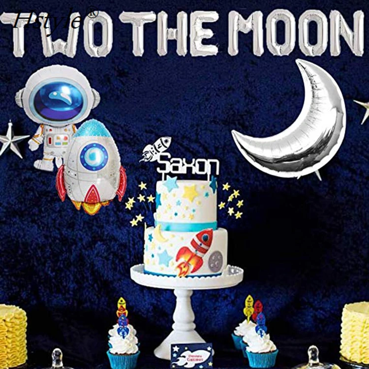 Two the Moon Balloons Party Banner Astronaut Space Man Robot UFO Theme Baby 2nd Birthday Party Supplies Decoration SET604