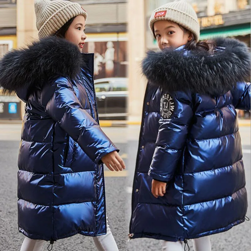 
Kids Boys Long Girls Thickening Large Fur Collar Children Down Jacket 