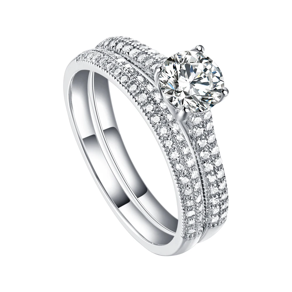 SKA wholesale 925 Sterling Silver two Row micro CZ Diamond White gold Bridal Wedding ring set for women
