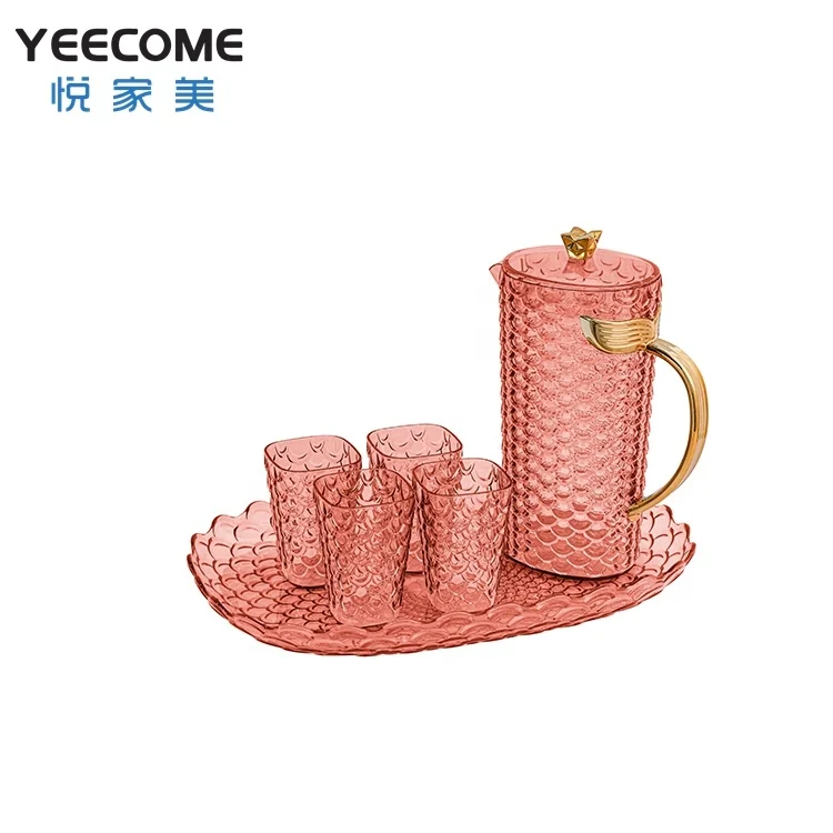 Yeecome Own Brands PS Plastic Fish Scale Kettle Orange Transparent Drinkware Water Jug Set With 4 Cup And Tray