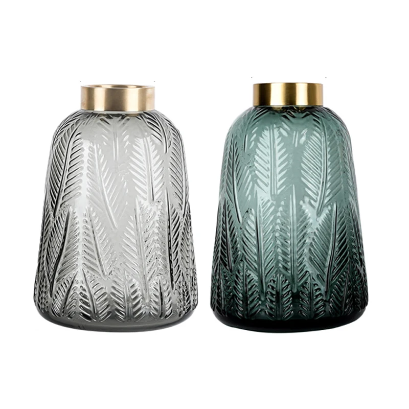 Amazon Ins creative Nordic tabletop large Glass Vase leaf pattern with gold-rimmed home Decorative Flower Glass crystal Vases