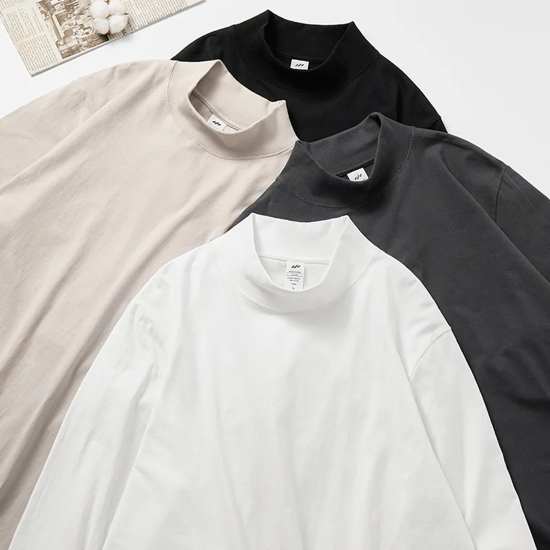 MT2337 Street Styles Custom Loose 2XL 230g 100% Cotton Mock Neck Long Sleeve T-Shirt For Men