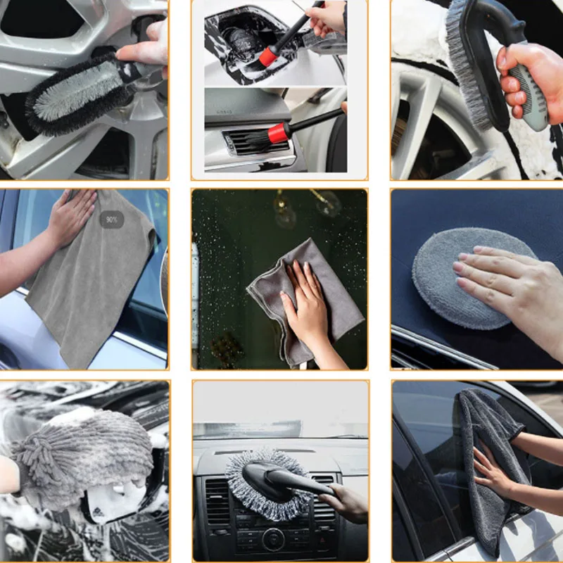 High Quality 9pcs Car Wash Brush Kit Cover Steel Wire Long Hair U-Shaped Wheel Tire Brush Cleaning Brushes