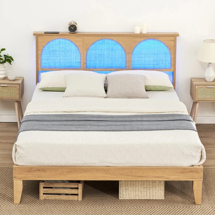 24 Years Factory Direct Bohemian Rattan Bed Frame  with Natural Rattan Headboard and  LED Lights