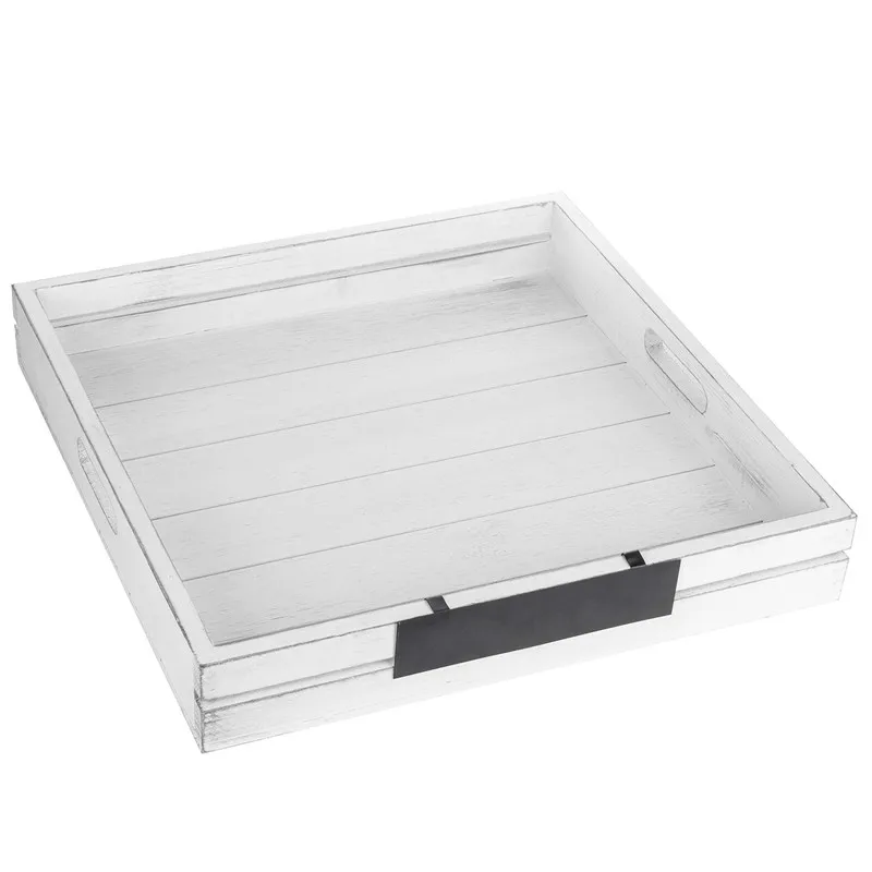 Wholesale Square vintage white wood Ottoman dining tray with removable chalkboard panel