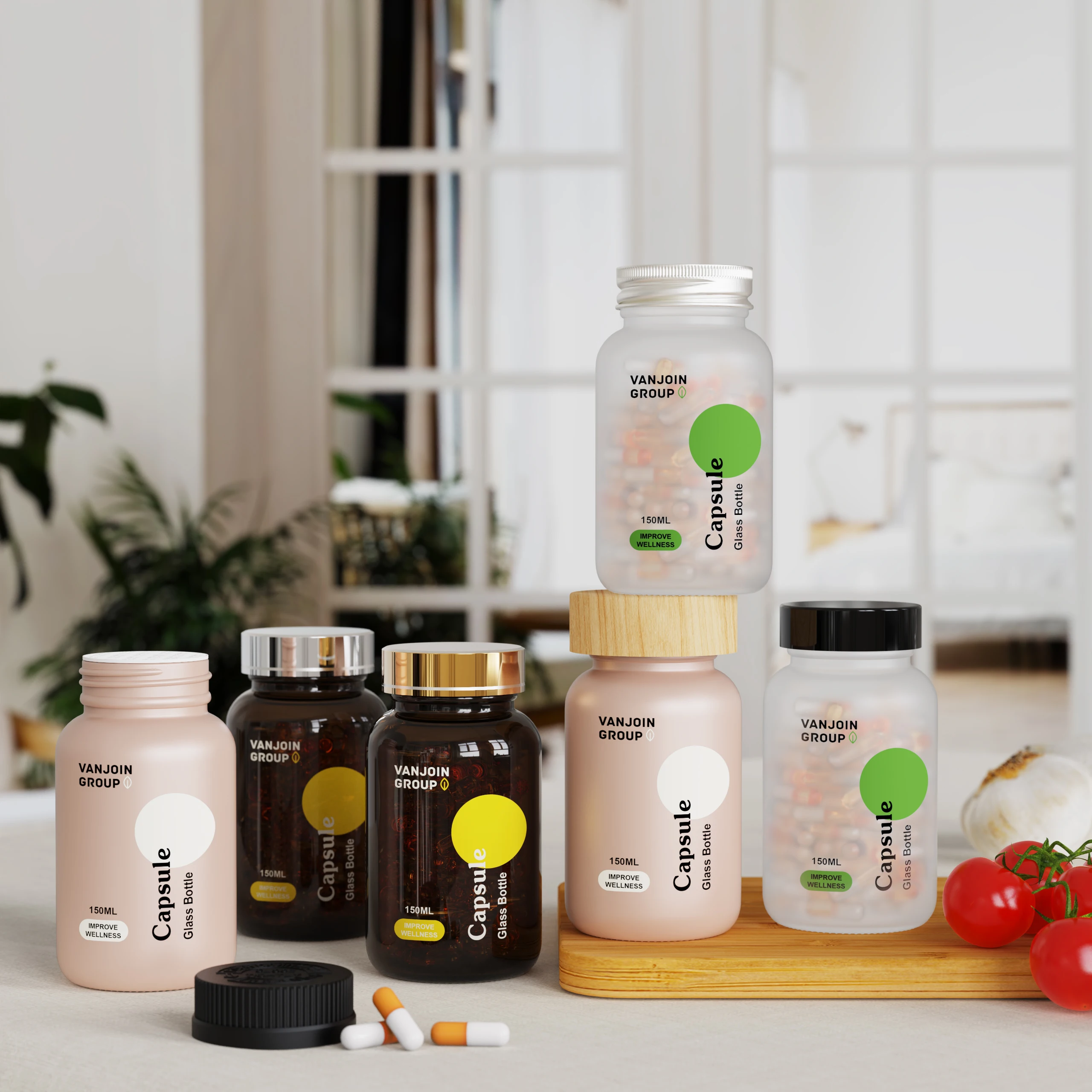 100ml 150ml 200ml 250ml Custom Clear Frosted Pharmaceutical Capsule Medicine Pill Empty Glass Bottles With Wood Lid and Seal