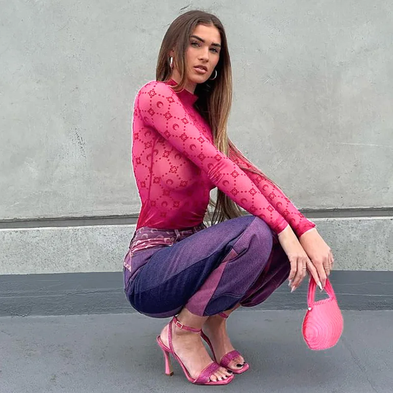 autumn fall 2022 New arrivals Women printed O-Neck long sleeve mesh shirt bodycon shirt long sleeve tops