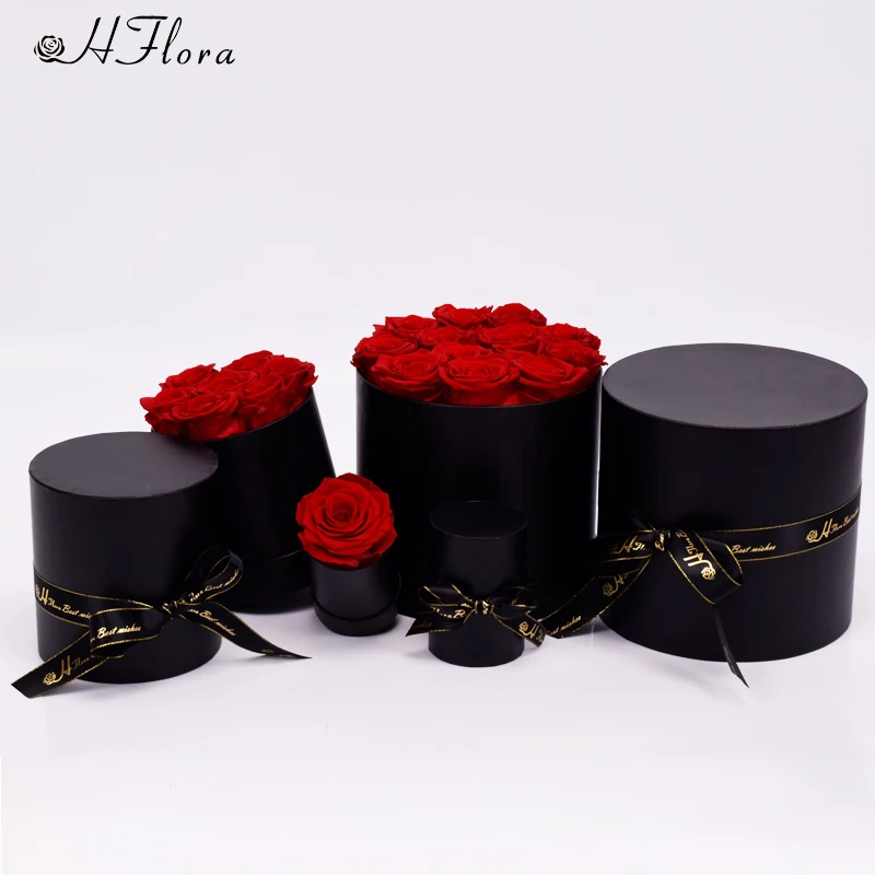 HFlora Handmade 1pcs 7pcs 12pcs 19pcsPreserved Roses eternal flower black round paper Christmas Mothers Valentines Day gift
