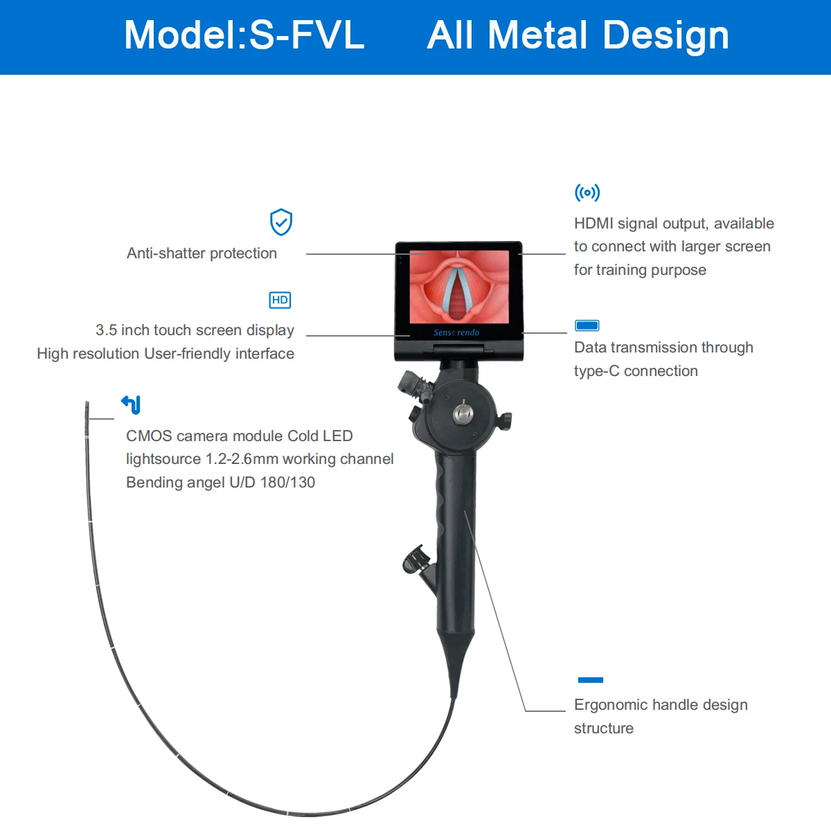 Sensorendo 5.8/2.6mm 60cm Length Flexible Video Laryngoscope with 3.5 Inch Touchscreen Display for Difficult Intubation
