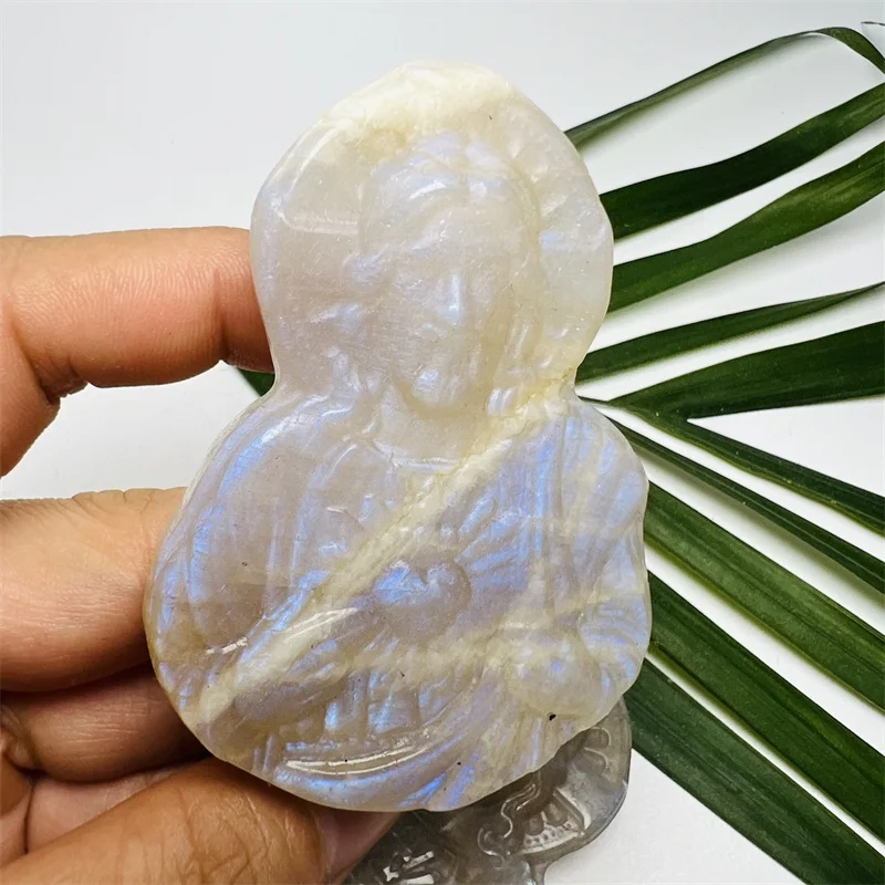 Bulk Wholesale Natural Hand Carved rainbow Blue Moonstone Santa Maria Jesus Carving for Gifts