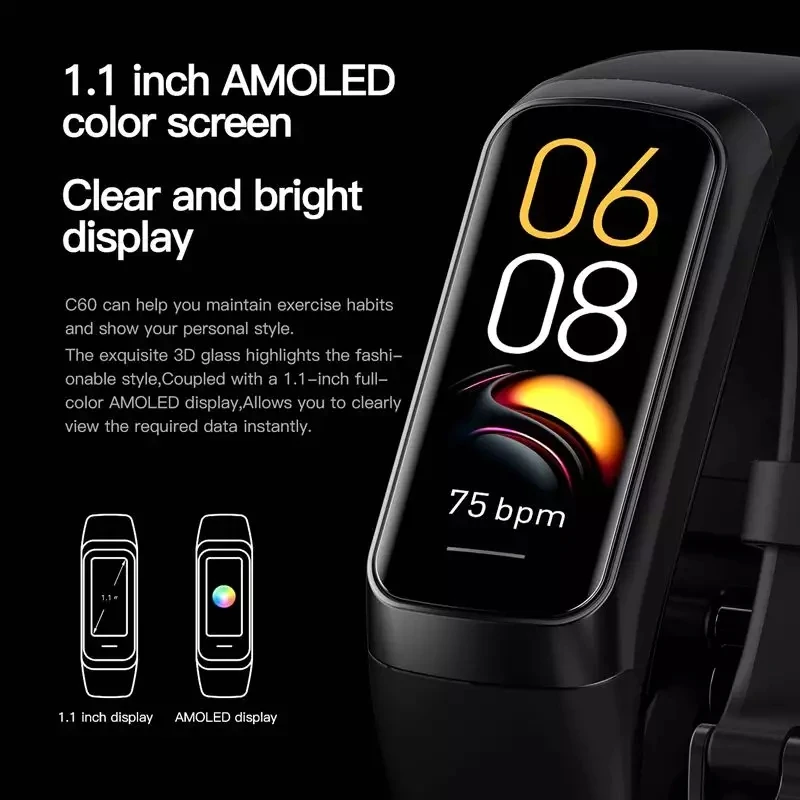 New C60 Fitness Smart Bracelet 1.1 inch AMOLED Touch Screen Heart Rate Blood Pressure Oxygen Body Temperature Sports Smart Band