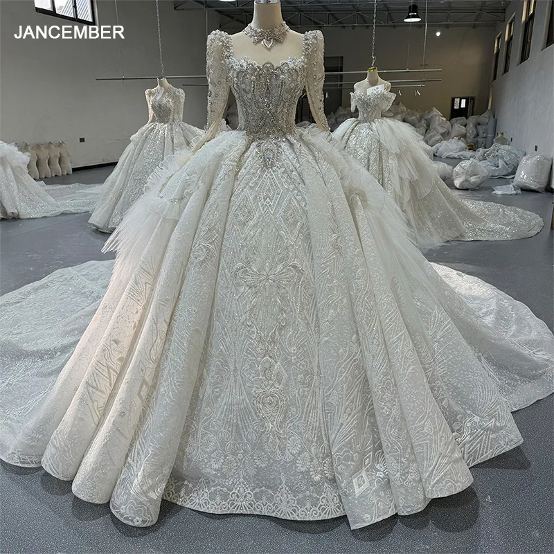 New Design Wedding Gowns Crystal Bead Bridal Ball Gown Luxury Cathedral Train Wedding Dress For Woman Mn243