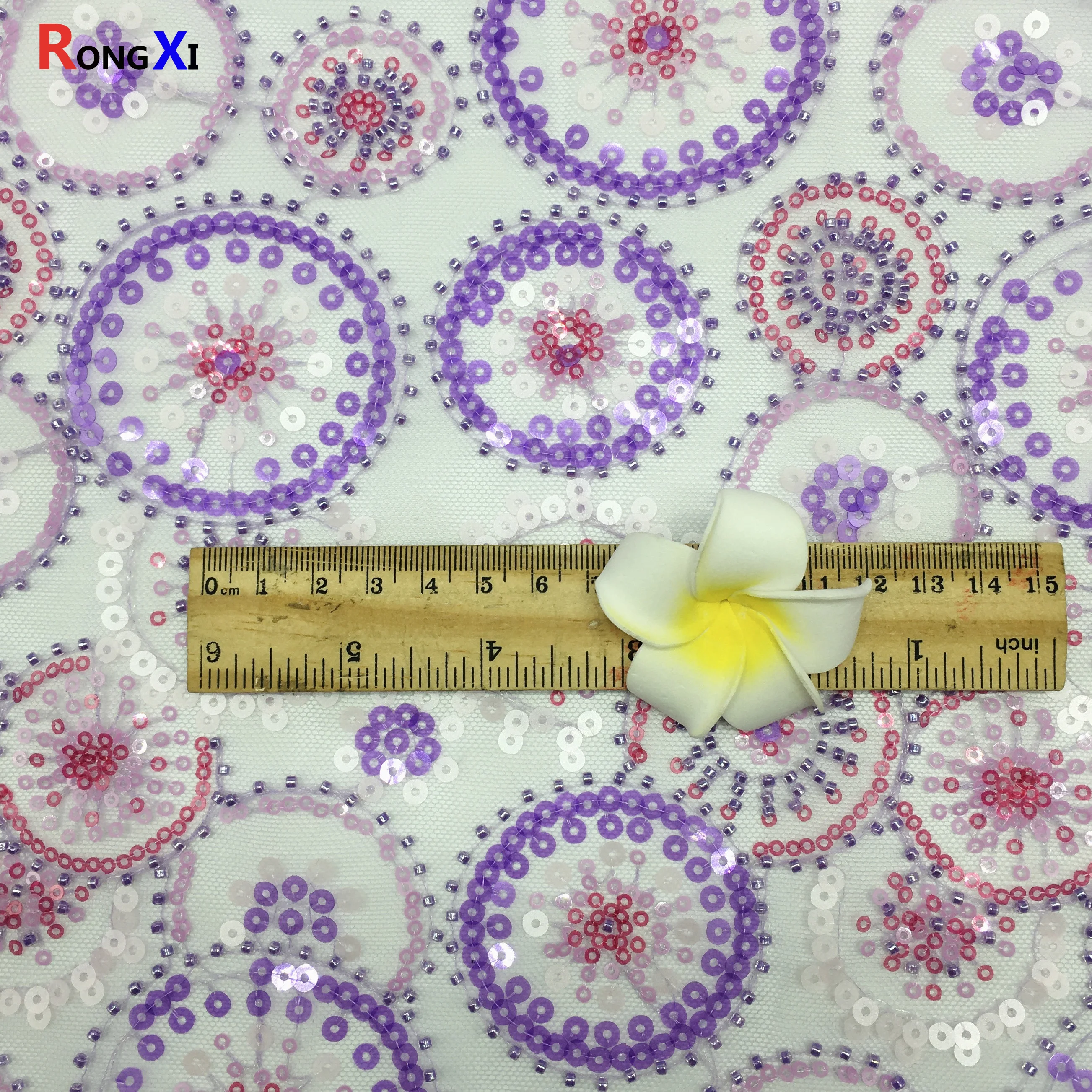 RXF2248 circle embroidery 3mm sequin Beaded purple mesh lace Fabric