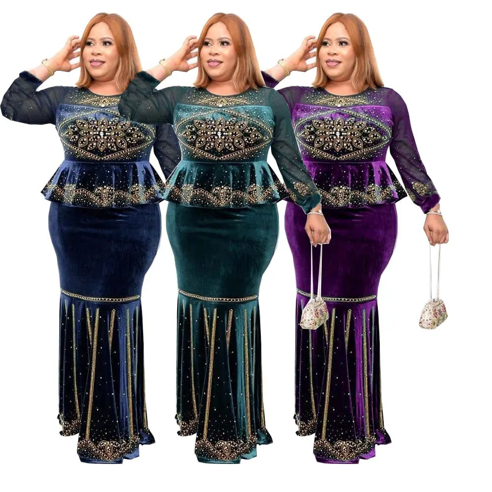 African velvet dress women elegant plus size dress with beads long party evening dress