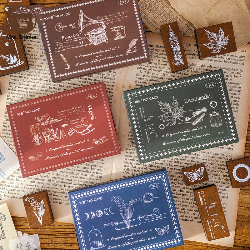 7pcs/box Ephemera Vintage Wooden Rubber Stamp Set DIY Art Crafts Wood Seals Decorative Scrapbooking,Travels Notebooks,Journaling