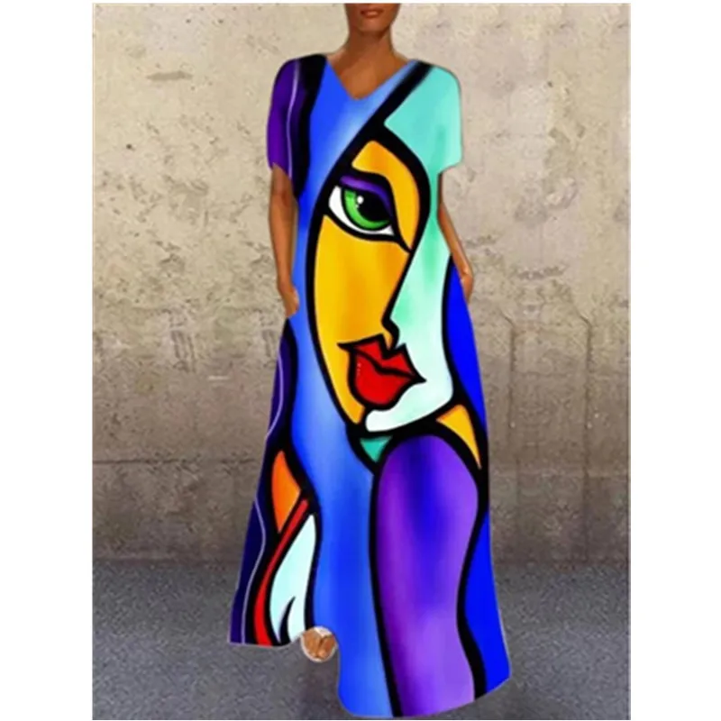 
The latest fashion design retro graffiti print plus size loose long summer casual dress 