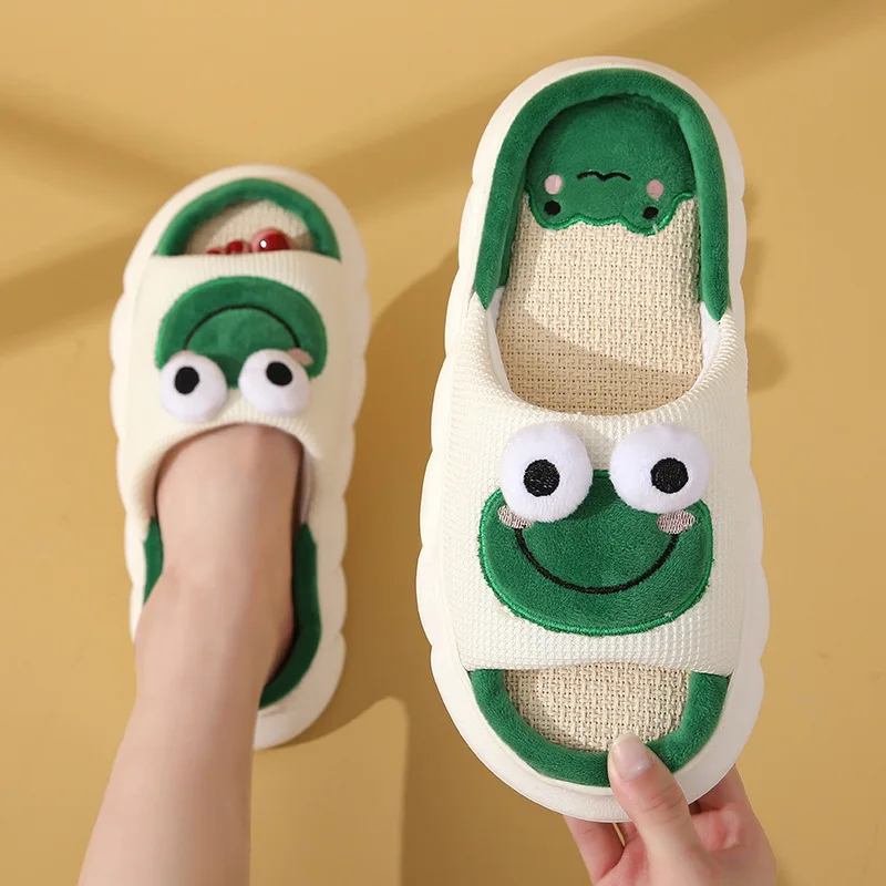 Cute Frog & Rabbit Indoor Linen Slipper Warm Winter Cotton Non-Slip Home Shoes for Women TPR Outsole