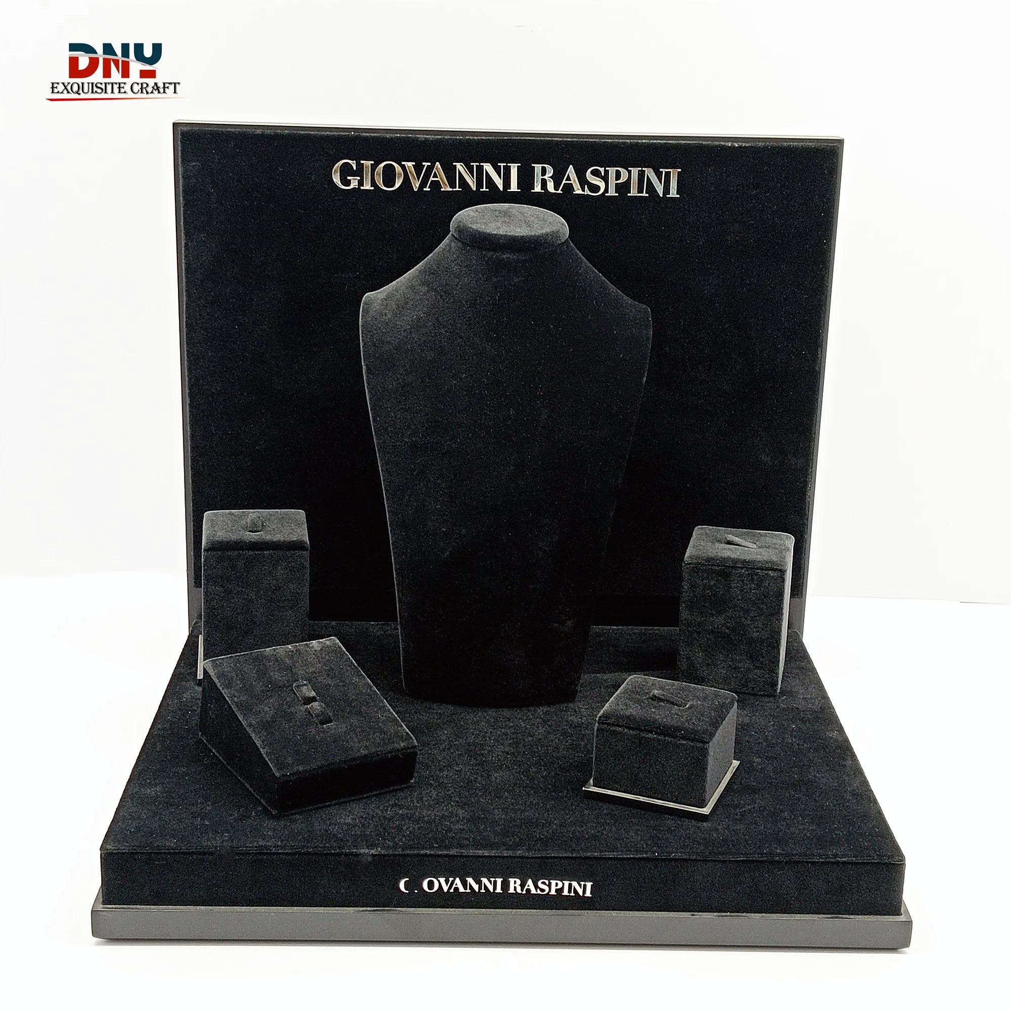 High-end custom black velvet wood jewelry display stand soft luxury jewelry display set for showing