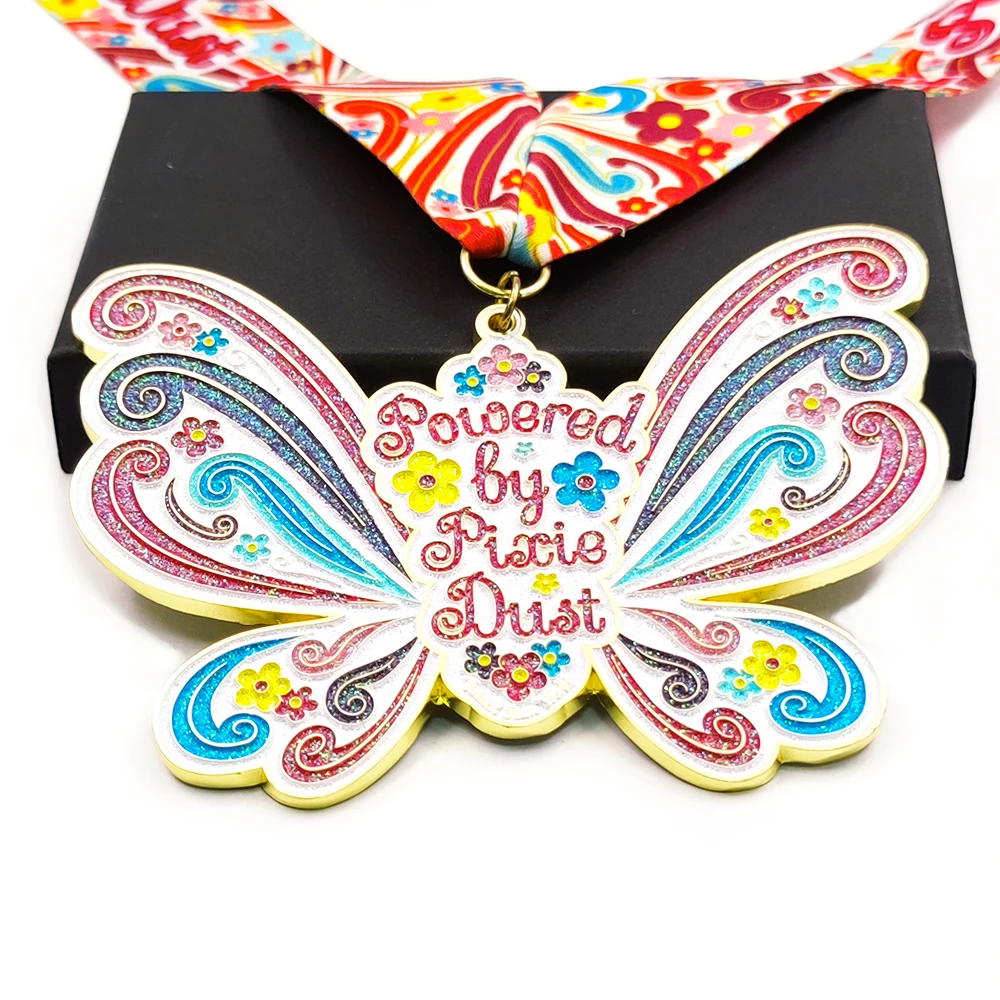 Promotional Custom Made Hard Enamel Glitter Butterfly Medal with Bespoke Sublimated Ribbon for Events and Competition medallero