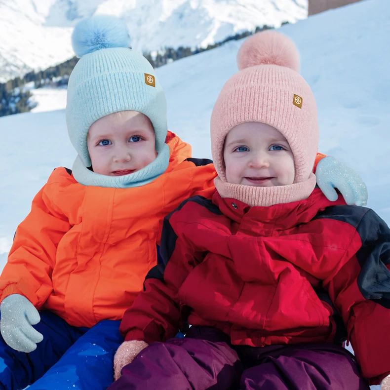 Wholesale winter 3 pcs set Hat Gloves and Bib Scarf Beanies Winter Kids Pom Pom Ear Protection beanie Hat Scarf And Gloves set