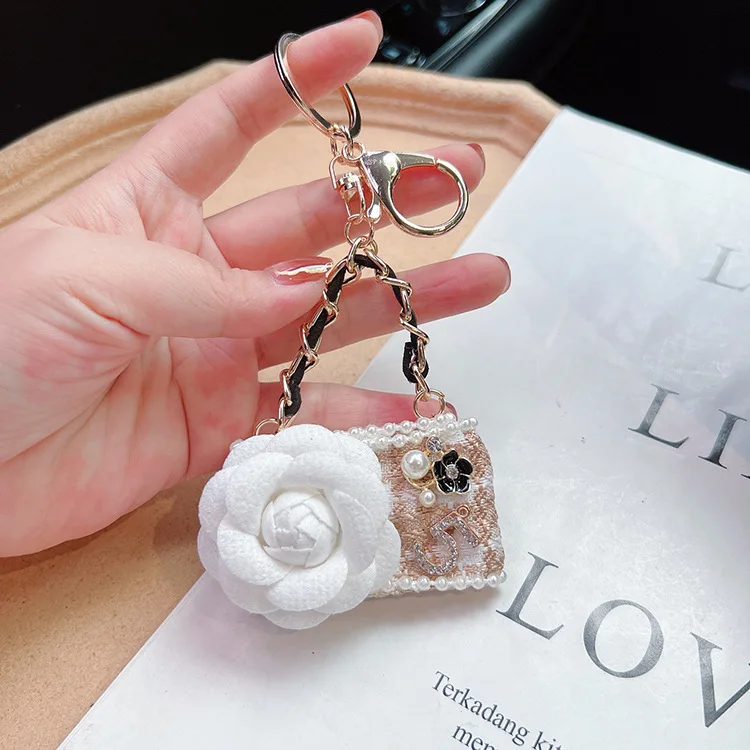 Creative Beautiful Bag Keychains Delicate Key Chain Women Charm Keyring Gifts Creative Camellia Handbag  Bag Pendant Keychain