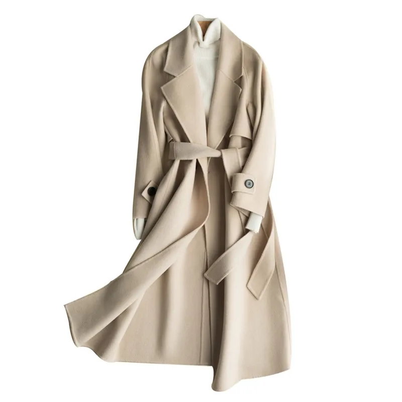 P18B154CH classic overcoat cashmere jacket full length with belt