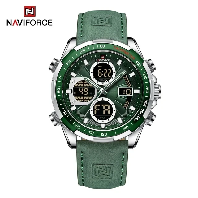 NAVIFORCE 9197 Top Brand Men Watches Sport Green Leather Waterproof Watches for Men  Dual Display Clock Male Relogio
