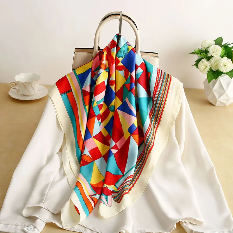 Geometric stitching simulation silk scarf 2021 spring and summer new twill large square scarf decoration sunscreen shawl scarf