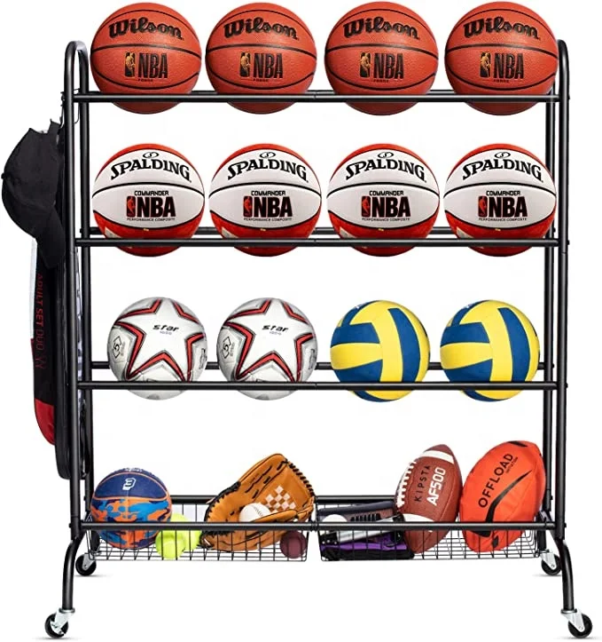 Sports Equipment Storage with Wheels, Four-Layer Organizer Holder with Two Basket for Basketballs Footballs Volleyball