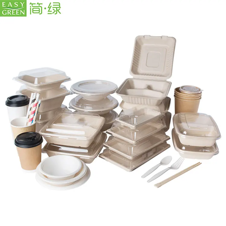 Easy Green Eco Friendly Disposable Biodegradable Bagasse Plate Tray Bowl Cup Lunch Box Set