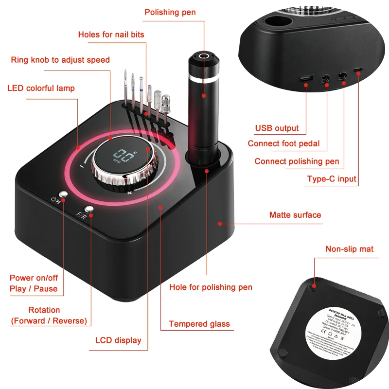 2022 new desktop professional 40000rpm nail drill machine with foot pedal control LCD display salon use brushless motor