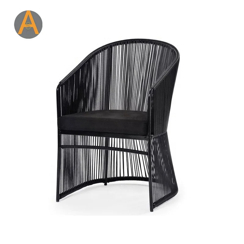 Modern aluminum frame armrest handle oval back Rattan strings rope outdoor dining chair for garden furniture