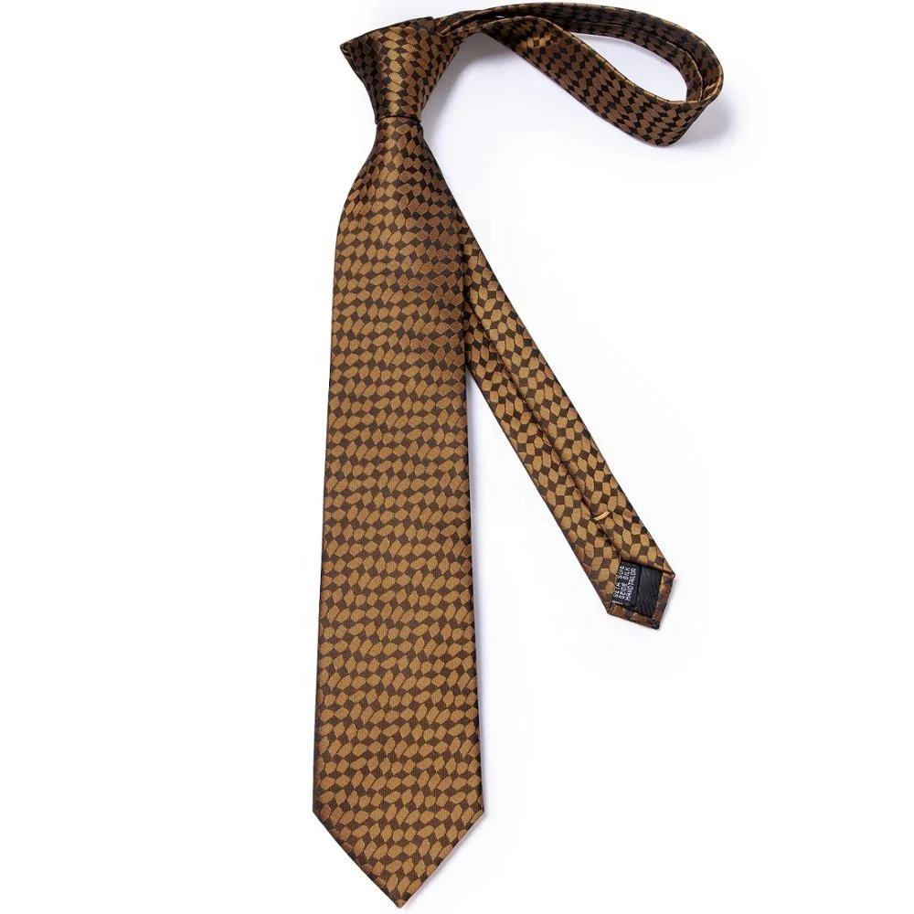 Wholesale Business Brown Gold Ties Men Custom Mens Silk Neckties Handkerchief Cufflinks Set