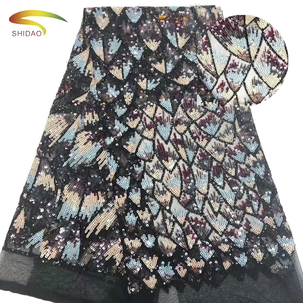 wholesale high quality polyester lace embroidery  fish scale colorfu sequins fabric