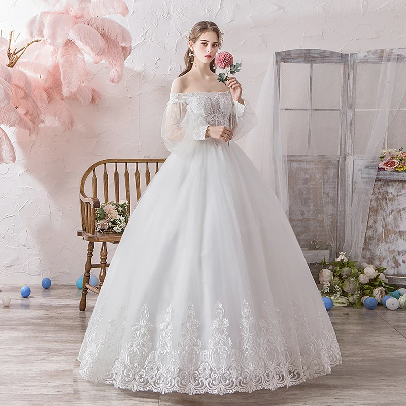 2019 Latest Popular Flat Shoulders Embroidery Pearl Beaded Princess Wedding Gown with Medium Puffy Sleeve