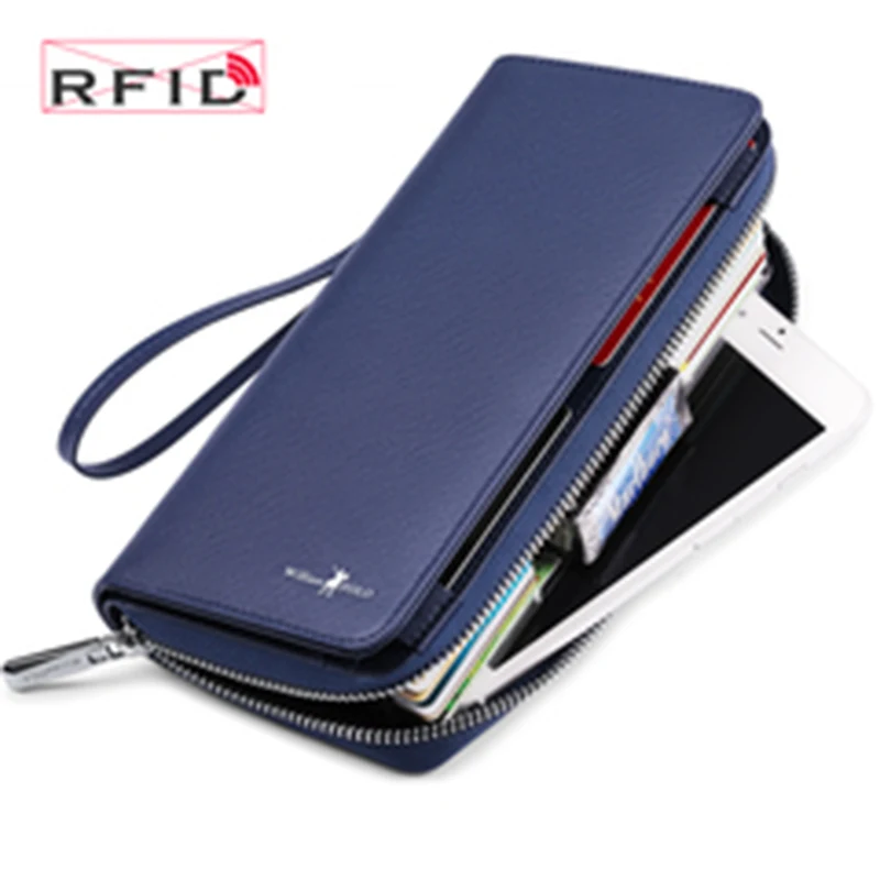 WILLIAMPOLO business men leather wallet long rfid credit card holder alloy zipper clutch large capacity phone leather wallet men