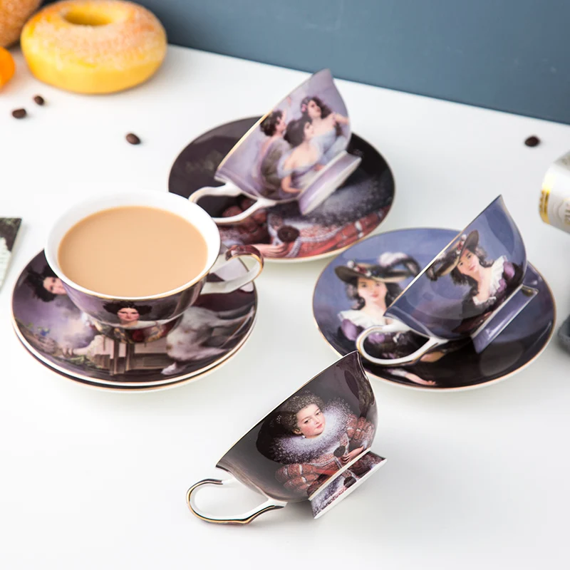 Elegant ladies oil painting design ceramic bone china cup and saucer vintage tea cups