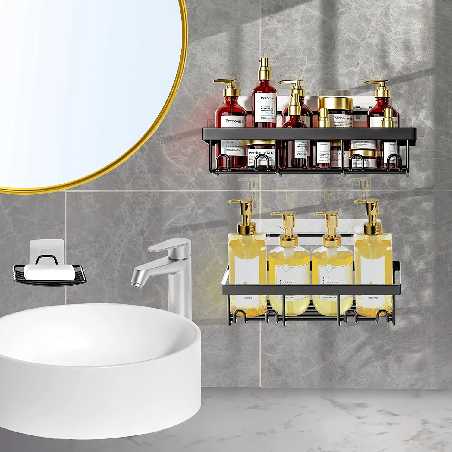 No Drilling Black 5 Pack Metal Shower Racks Shelves With Hooks for Kitchen Dorm Apartment