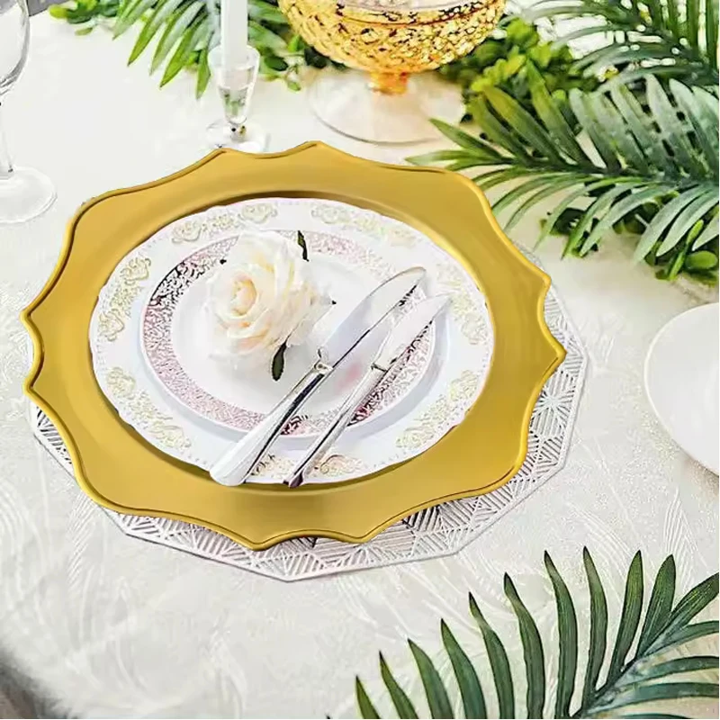 Wholesale 13 Inch Plastic Wedding Party Table Decorative Dinner Base Dishes Under Plates Gold Brushed Metallic Charger Plates