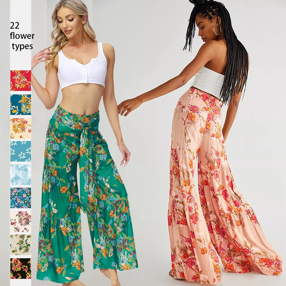 Europe and the United States new printed retro all-match loose temperament high-waist flared wide leg pant woman