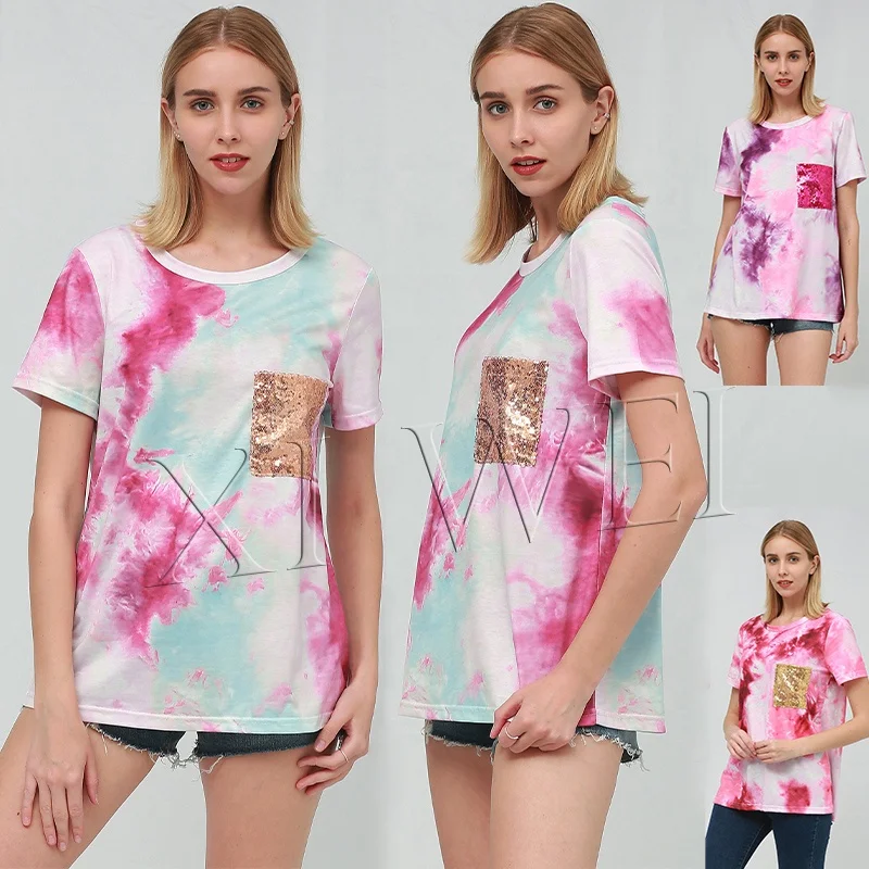 Summer Tie Dye Print Patchwork Sequin Pocket Women Plus Size Transfer Tshirt custom women t-shirt